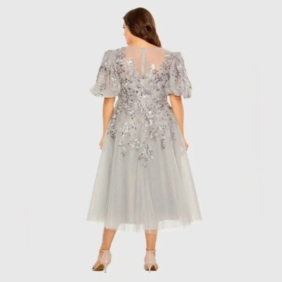 MAC DUGGAL Gray Puff Sleeve Glitter Embellished Dress Gown Midi 20475 Size 20W - Picture 3 of 6